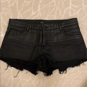 Maje leather and denim cutoff shorts